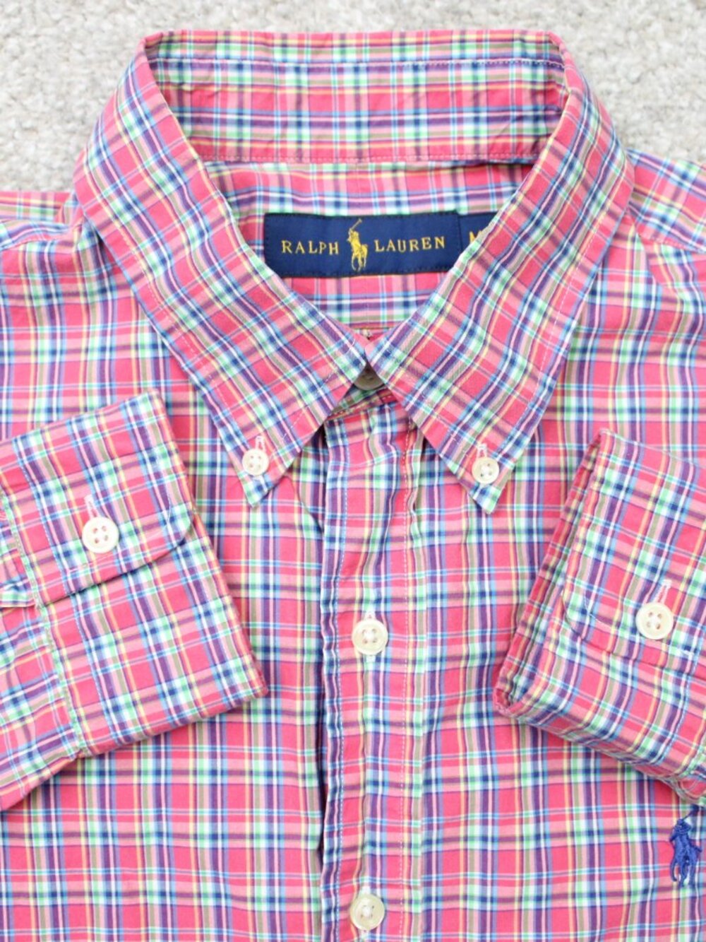 Ralph Lauren Shirt Mens Medium Pink/Blue Check 100% Cotton Long Sleeve Preppy